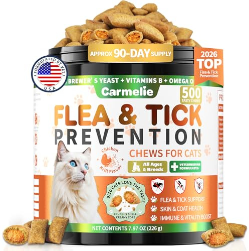Flea and Tick Prevention for Cats, 500 Crunchy & Creamy Chews, Cat Flea Chewables with Natural Oral Flea Treatment Supplement Cats, Skin & Coat Support - All Breeds & Ages - Chicken and Krill Flavor