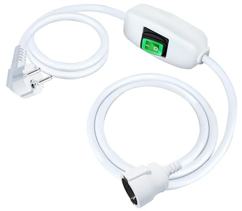 Weiß Verlängerungskabel mit EIN-Aus-Schalter, 2 m (200 cm), 6 A, 220V-240V, 1400 W, isoliert & flammfest, Netzkabel für Innenbereich