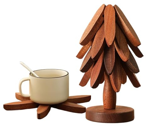 Dessous de plat en bois pour plats chauds, lot de 4 dessous de plat en bois + 1 support rangé comme un sapin de Noël, dessous de plat pliable en bois pour plats chauds, casseroles, bols, théières
