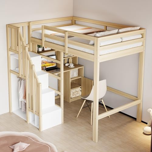 Merax Hochbett 90x200 cm, Massivholzrahmen, mit Arbeitstisch, Regalen & Schränken, sicherer Stauraum-Treppe, platzsparendes Jugendbett/Kinderbett, Holzfarbe (ohne Matratze)