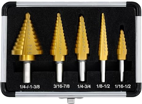 GREATRICH 5 Pezzi Fresa Conica per Metallo, Punta Conica Trapano HSS in Titanio (5 – 13 mm, 3 – 13 mm, 6 – 19 mm, 5 – 22 mm, 6 – 35 mm), Legno, Svasatore Frese per Metallo con Custodia in Alluminio