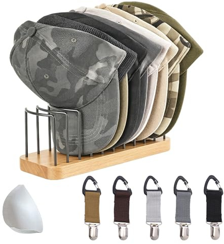 Yongyann 11Pcs Baseball Cap Storage Set, Wood Metal Hat Organiser Stand