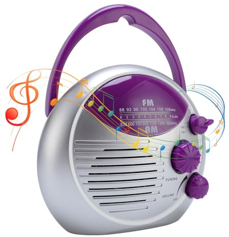 FAUOSWUK Duschradio, Bärbar AM FM Batteridriven Radio med IPX4-klassificering och Klart Ljud, för Badrumskök Utomhusbruk