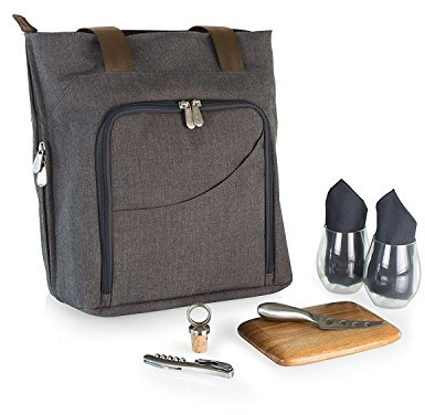 LEGACY - a Picnic Time Brand Sonoma Wine & Cheese Picnic Tote Service for 2, Insulated Wine Carrier Bag with Cheese Board, (Gray)