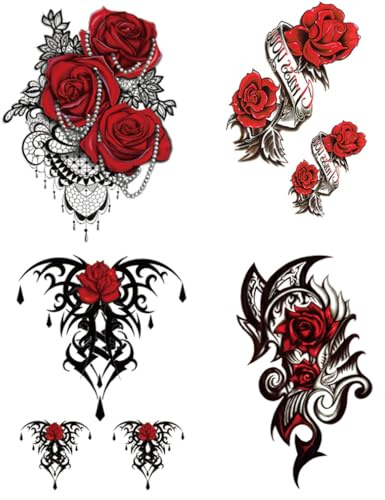 Yesallwas 4 Sheets Large Temporary Tattoo Sticker Fake Tattoos for Women Models,Waterproof Long Lasting Art Sexy Realistic Tattoos -Rose, Flowers, Jewelry 5.9x8.26inche (A)