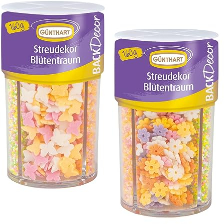 Günthart BackDecor | Streusel Blütentraum | Zuckerstreusel | Streusel Tortendeko | Bunte Streusel | Zuckerperlen | Zuckerdekor | Bunte Schmetterlinge und Blumen | Nonpareilles | 1er Set (160 g)