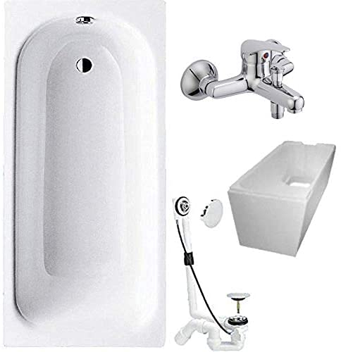 BADOSAN Badewanne 4-in-1 KOMPLETT SET Stahl Rechteckwanne 170 x 75cm weiß inkl. Wannenträger, Ablaufgarnitur und Wandarmatur