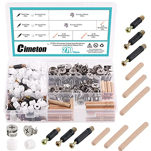 Cimeton 120Pcs Furniture Connecting Hardware Connectors Assortment Kit Including Cam Fitting Wood Dowel Pins and Pre-Inserted Nut and Furniture Crib Screws