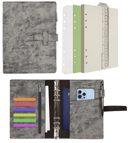 Wonderpool Diari Pelle 6 Raccoglitore ad Anelli Organizer per Cartelle con Carta Punteggiata, Quaderno Scrivere Ricaricabile e Copertina Multitasche per Viaggi di Lavoro e Studio (A5, Grigio)