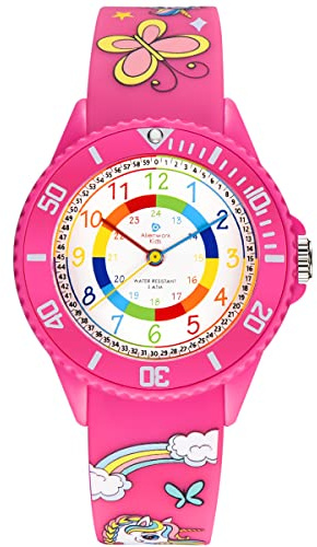 Alienwork Einhorn Lernuhr Kinderuhr Mädchen Uhrzeit Lernen Rosa Silikon-Armband Mehrfarbig Kinder-Uhr Wasserdicht 5 ATM Zeit Lernen