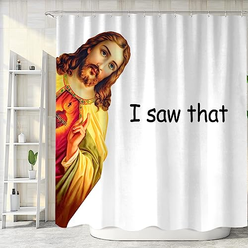 Lustiges Jesus-Duschvorhang-Set Mit Aufschrift I Saw That Jesus, Stoff-Duschvorhänge für Badezimmer, Cool, Einzigartig, Flippig, Badzubehör Mit Haken, 183 x 183 cm