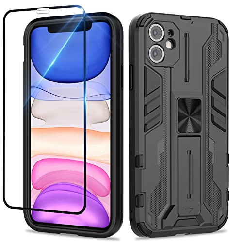 Btstring Case for iPhone 11 and Screen Protector Tempered Glass, Heavy Duty Shockproof Tough Armour Case with Stand Protective Personalised Phone Cover - Black