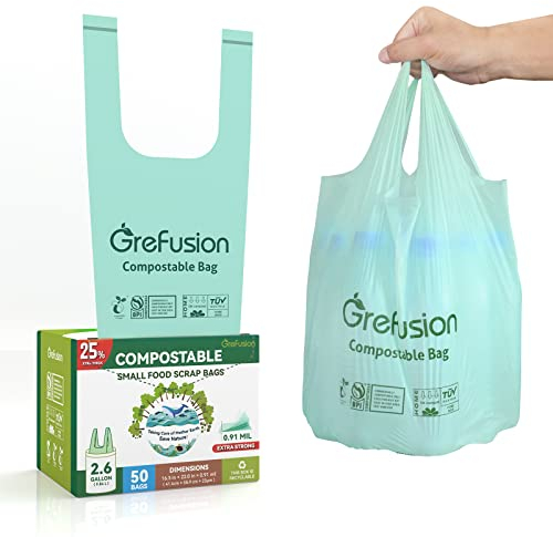 GreFusion 10L Tie Handle food waste Bags 25% Extra Thicker 50 Count compostable caddy liners with Handles
