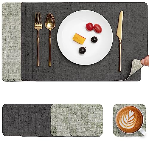 Myir JUN Table Mats Placemats and Coaster Sets 6 Place Mats for Table | Dual-Sided Faux Leather Table Mats Heat-Resistant Waterproof Non-Slip 43 x 30 cm for Kitchen Dining Outdoor(Grey Grass Green)