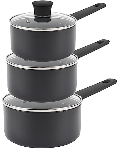 Russell Hobbs COMBO-8693 Saucepan Set – Non-Stick Pans, Induction, With Glass Lids, High Performance, Easy-Clean, Use Little/No Oil, Soft-Touch Handle, 5 Year Guarantee, 16/18/20 cm, Shield Collection