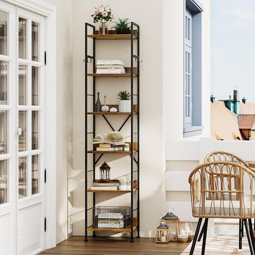 YITAHOME Bookcase 6 Tiers, Floor Standing Book Shelf with 4 Hooks, Wooden Shelf and Metal Frame Book Rack Industrial Tall Shelf Unit Storage for Living Room, Home Office, Rustic Brown Bookshelf