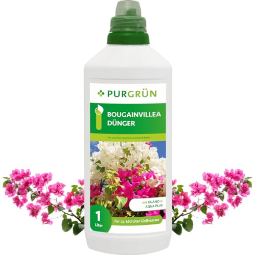 Purgrün® Bougainvillea-Dünger 1 Liter – Organisch-mineralische Rezeptur – Premium-Flüssigdünger mit Spurennährstoffen – NPK 8+8+6 – Mit Guano & Aqua Plus – Für leuchtende Blüten
