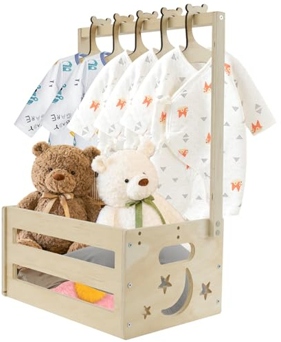 NIHUIFDPY Baby Shower Crate Closet, Wooden Baby Basket with 5 Hangers, Baby Storage Crate Hamper with Handle, Decorative Wood Baby Clothes Rack for Baby Shower Pregnancy New Parent Gifts(color A)