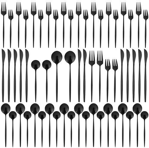 Xespis Set Posate 12 Persone, Posate nero, 60 Pezzi Posate Acciaio Inox, con Forchette Cucchiai e Coltelli, Posate Eleganti, Altamente Lucidate, per Casa, Festa, Ristorante
