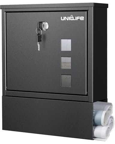 Uniclife Buzón de Pared, Buzones para Exterior, Buzón Moderno Grande con Cerradura de Llave, Buzóns de Seguridad con Cerradura para Periódicos Casa Oficina Exterior, Negro
