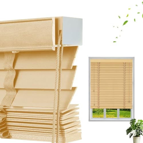 Store Occultant Fenetre Bois Exterieur, Stores Venitien Interieur Lamelle 50 mm, Store Thermique Isolant Brise Vue Impermeable avec Rail de Guidage pour Cuisine Chambre Salle de Bain(Natural)