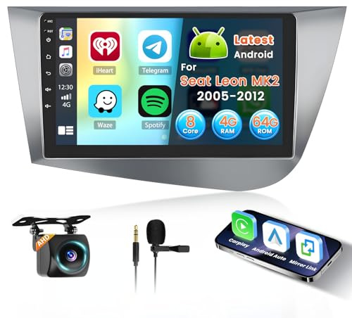8 kärnor Inefala 4 64G Android 15 Radio för Seat Leon MK2 2005-2012 med trådlös CarPlay, 9 tums skärm med Android Auto 32EQ DSP 59UI FM RDS GPS Bluetooth WiFi SWC AHD Backkamera
