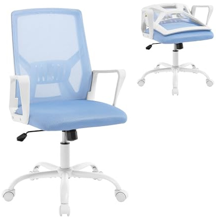 Klihome Ergonomischer Bürostuhl, Computerstuhl mit Faltbarer Rückenlehne, Höhenverstellbarer Arbeitsstuhl Drehstuhl, Netzstuhl mit Wippfunktion, Blau