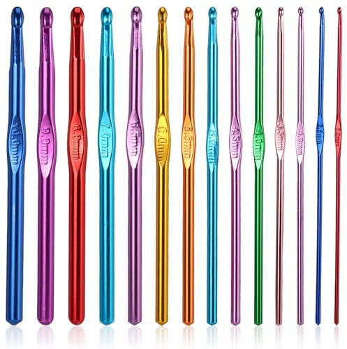 Confezione da 14 misure Set di Uncinetti in Alluminio Multicolore Set Ferri da Maglia Filato Artigianale Ganci per Principianti, Appassionati di Lavoro a Maglia 2mm-10mm