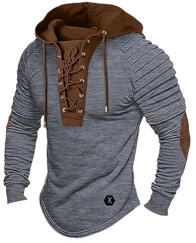 Generisch Felpa con cappuccio da uomo vintage vichinga sweatshirt per uomini, felpe medievali, top da combattimento outdoor, abbigliamento tradizionale, vestibilità regular, felpa con cappuccio tinta