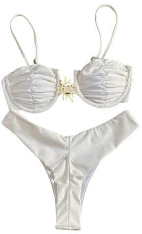 SHENHE Women's Cheeky High Cut Bikini Set Underwire Swimsuits Metal Bathing Suits 2 Piece White Medium
