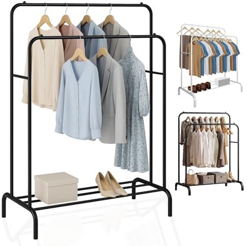 EveryKip® Burro Ropa | Perchero de Ropa Resistente Negro | 110X150X54Cm | Con Soporte para Zapatos | Fácil Montaje | Organizador Colgador Para Ropa Doble de Oficina Ergonomico (Negro)