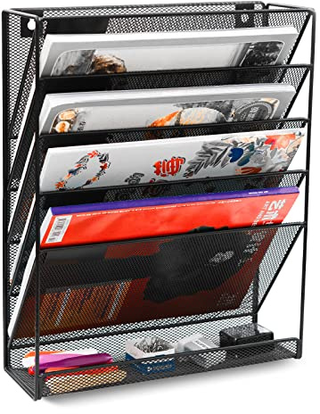 EasyPAG 5 Tier Wall File Holder Mesh Hanging Folder Organizer with Classify Label, Versatile Desk File Holder, Vertical Wall Mounted Mail Organizer for Office Home Cubicle, Black