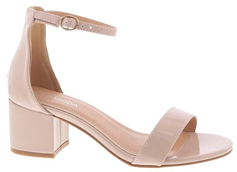 TOP Moda Darcie-1 Ankle Strap Dressy High Heel Sandal, Non-slip Sole, For Wedding, Party, Prom, Evening Wear, or Any Occasion, Sleek Style Block Heel Sandals, Nude Patent, 7.5