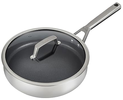 Ninja ZEROSTICK Stainless Steel Cookware 26cm Sauté Pan with Glass Lid, Long Lasting, Non-Stick, Induction Compatible Sauté Pan, Oven Safe to 260°C, Stainless Steel Handle, C60126UK