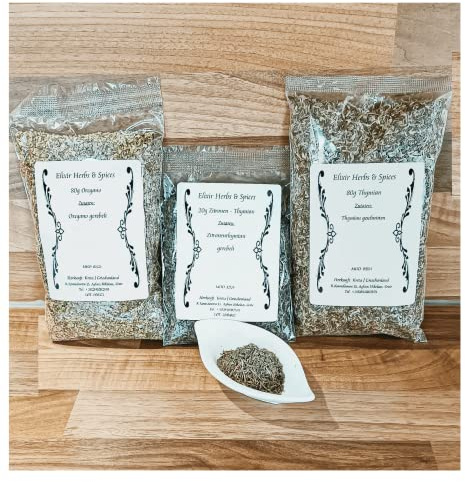 Grekiska kryddset presentset utvalda örter och kryddor från Elixir Herbs & Spices på Kreta (80 g oregano, 20 g citrontimjan, 80 g timjan #52)