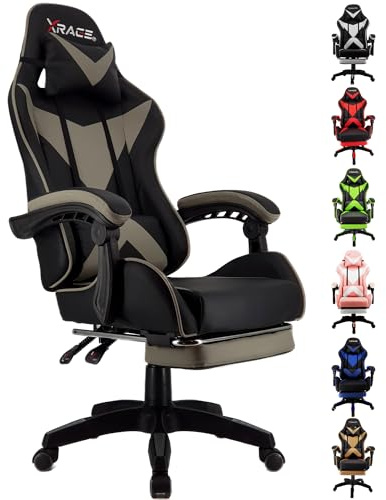xRace Gaming Stuhl, Bürostuhl, Ergonomischer Pc Stuhl, Gaming Sessel aus Leder mit Lendenwirbelstütze, Verstellbarer Drehbarer, Task Stühle mit Fußstütze und Kopfstütze, Grau