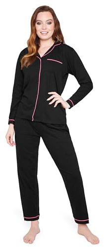 CityComfort Pigiama Donna - Pigiama Lungo Maglia con Bottoni a Maniche Lunghe S-XL - Pigiama Due Pezzi in Cotone Invernale Autunnale (Nero, L)