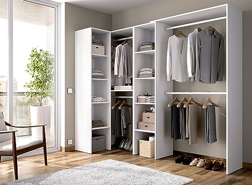 Dmora - Großer Kleiderschrank Quadro, Struktur für begehbaren Eckkleiderschrank, offener Eckkleiderbügel, 228 x 79 x 187 cm, Weiß