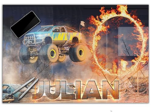 Schreibtischunterlage personalisiert mit Namen | 80 x 50 cm Monstertruck | wasserfeste Schreibunterlage, abwischbar, glatt | stabiles, hochwertiges Acrylglas, Kinder Kunststoff