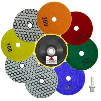 QUEFORET Disques de Polissage Diamant 10 Pièces - 8 Pièces Tampons Polissage 100mm (Grain 50 x 3, 100 x 2, 200/400/800), Plateau de Ponçage, Adaptateur pour Polissage Granit Marbre Quartz Pierre à Sec