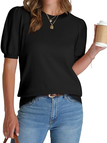 Short Sleeve Sweater for Women Trendy Womens Tops 2026 Fall Outfits for Women Summer Shirts Puff Sleeve Business Casual Outfits Work Clothes Petite Ladies Tops Dressy Casual Women's Clothing Black S