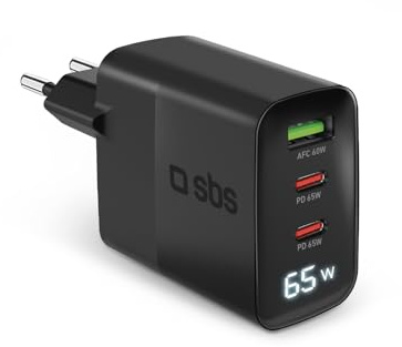 SBS Alimentatore LCD 65W, Tecnologia GaN, Power Delivery (PD), Ricarica Rapida, Caricabatterie USB-C e USB-A con Display LCD, Caricatore per iPhone, Android, Notebook, Nero