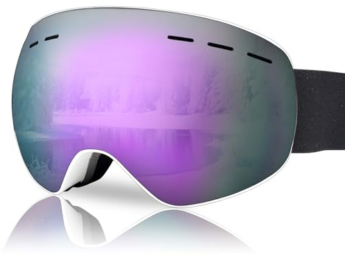 NewBEP Occhiali da sci e snowboard, protezione UV, anti-appannamento, per attività all'aperto, occhiali da sci OTG, per uomini, donne, ragazzi (montatura bianca, lenti viola)