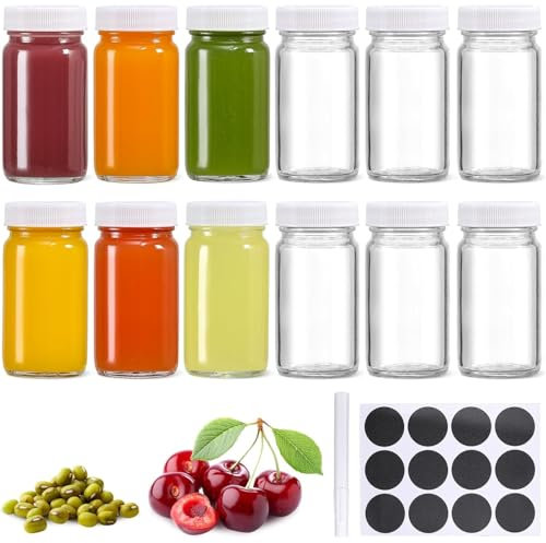 KAHEIGN 12 Pezzi Bottiglie di Succo di Vetro con Coperchio, 60ml Barattolo Riutilizzabile a Tenuta Stagna con Bocca Larga per Zenzero Shot Benessere Succhi Whisky - Lavabili in Lavastoviglie (Bianco)