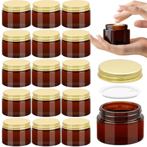 16 Pcs Vasetti di Vetro Ambrato, 50ml Barattoli per Crema, Contenitore cosmetico vuoto con coperchio a vite e rivestimenti in Alluminio, Vasetti Cosmetici Viaggio Vetro per Crema lozione