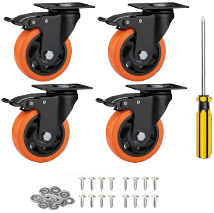 YIUBCZOQI 75mm Ruedas para Mover Muebles con 4 Freno,Pesados Goma Carga de 500KG,Ideales para Muebles,Mesas,Armarios,Set de 4,Naranja