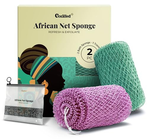 CORATED 2 Pièces de Filet à Bain Africain, Eponge à Bain pour l'Exfoliation du Corps, Gant à Exfolier le Dos – Produits de Nettoyage Beauté pour la Douche/SPA (Violet clair et Vert clair)