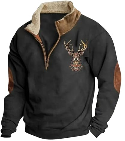Generisch Pull d'hiver pour homme avec impression de cerf, sweat-shirt à manches longues avec boutons sur un quart, col montant, coupe ample, sweat-shirt de travail surdimensionné, O Noir., L