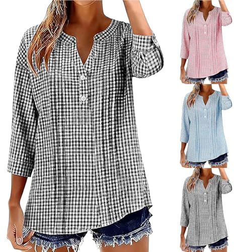 Women's Checked Blouse Cotton Linen Gingham Shirts for Women UK 3/4 Sleeve Classic Plaid Shirt Casual V Neck Button UP Ladies Blouses Tops Loose Fit Flannel Shirt Fashion Gauze Shirts Tunic