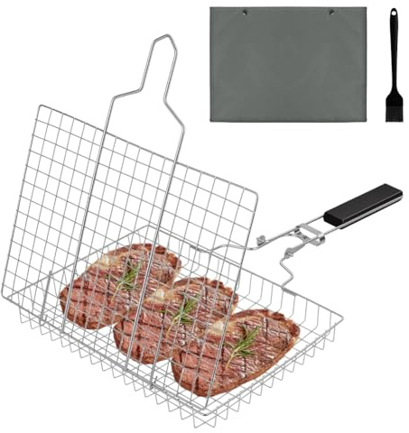 NUTKIT Grillkorgid för Fisk, med Väska och Borste, Grillkorgid, Vikbar Grillkorg i Rostfritt Stål för Fisk, Fisk, Biff, Räkor och Grönsaker